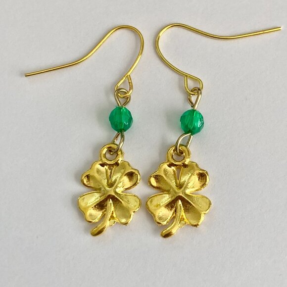 Shamrock Earrings Gold Plated Irish 4 Leaf Clover Luck Celtic St. Patricks Day - Picture 5 of 8